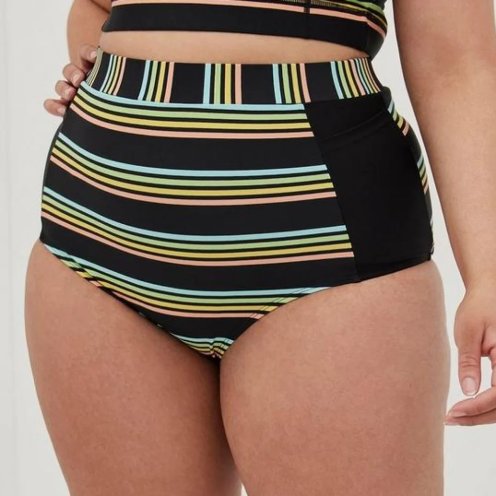 Torrid Active Green Black Stripe Ultra High Waist Swim Bottoms Only Size 3X NWT